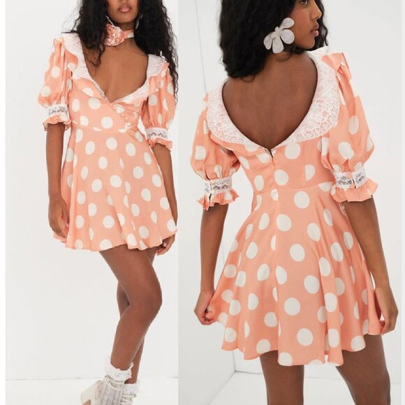 NEW FOR LOVE AND LEMONS RAISA POLKA DOT MINI DRESS IN ORANGE SIZE S - Picture 1 of 10